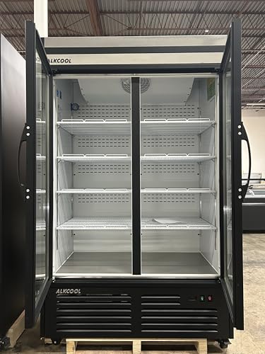 Image of Commercial Beverage Refrigerator Display Fridge,Stainless Steel Merchandiser Two Glass Door Drink Cooler (no canopy) with LED Light Adjustable Shelves,ETL Sanitation,45 Cu Ft,47 inch Wide,Wheels Included