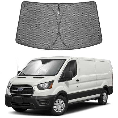 Image of Proadsy Windshield Sun Shade Custom Fit Ford Transit 2015-2026 Ice Crystal Black Front Window Sunshade UV and Heat Blocker Foldable Visor Keeps Car Cooler for Summer Parking and Daily Use