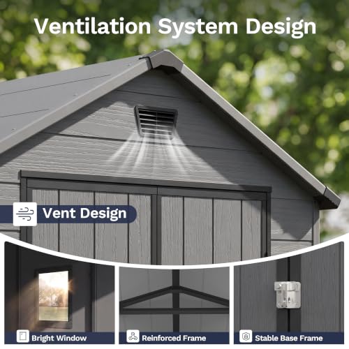 Image of Greesum 6x6FT Plastic Outdoor Storage Shed with Floor, Resin Sheds with Lockable Double Door, Tool Sheds with Window and Vents, for Backyard, Garden, Patio, Dark Gray
