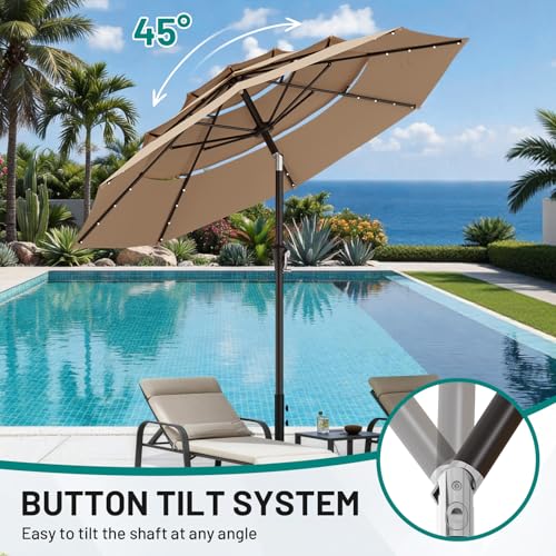 Image of AreShark 9ft 3 Tiers Patio Umbrella with Solar Lights, Outdoor Umbrella w / 32 LED Lights&8 Sturdy Ribs, Table Umbrella for Deck, Backyard, Pool (Beige)