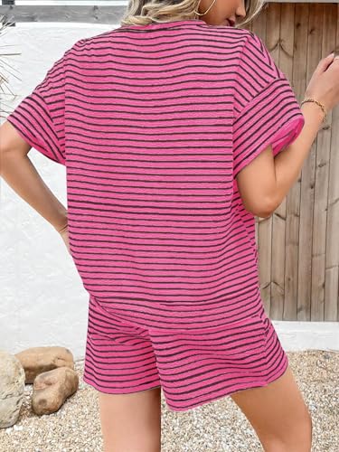 Image of Tankaneo Womens Pajama Sets Striped 2 Piece Lounge Sets Short Sleeve Oversized T Shirts Drawstring Shorts Matching Set