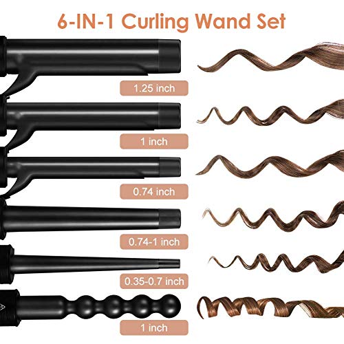 Curling Iron, 6-In-1 Curling Wands, Hair Curling Wands For Long Short Hair Ptc Ceramic Curling Tongs With Adjustable Temperature Dual Voltage With Glove & 2 Clips #TOP1