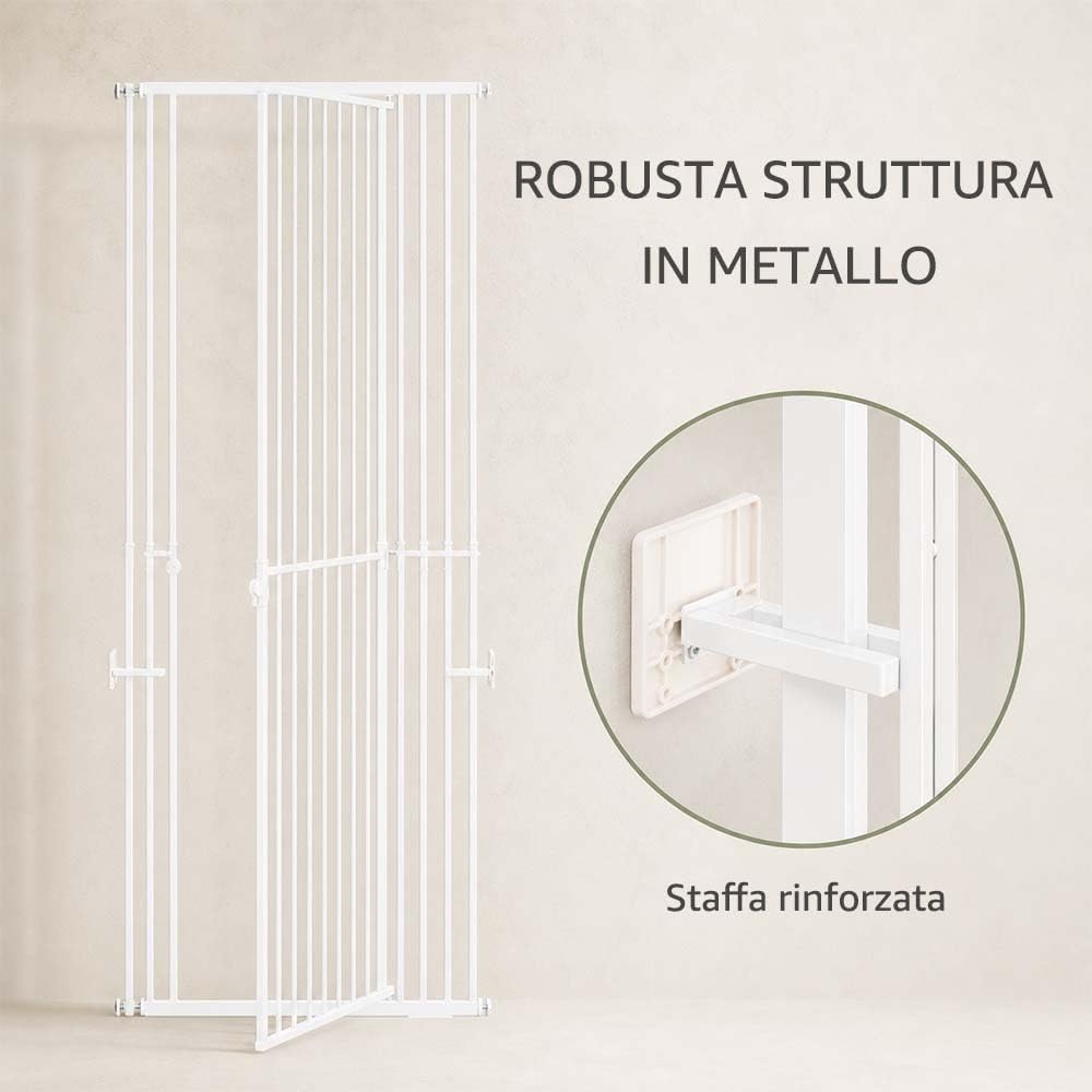 unipaws Cancello per gatti extra alto, regolabile in altezza 119-220 cm, adatto per aperture larghe 70-95 cm, cancello per animali domestici in metallo senza foratura, con porta a due vie, per porte