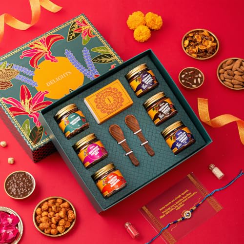 Image of Gladful Premium 10 Items Rakhi Gift Box | Green Floral Keepsake Box with Premium Nuts, Chocolate Spreads, Rakhi & Festive Essentials | Luxurious Raksha Bandhan Gift for Brother