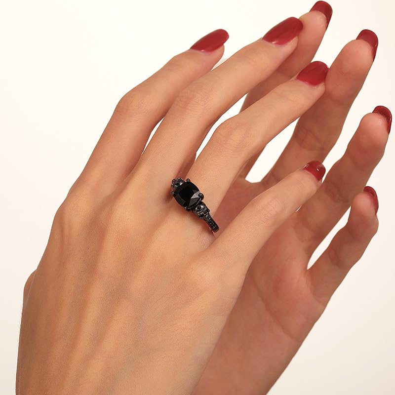 Jeulia Anillos de compromiso con diseño de calavera, amor eterno, gótico, negro, plata de ley con diamante de corte cojín, anillos de boda para Halloween, clásicos, retro, regalos para mujeres