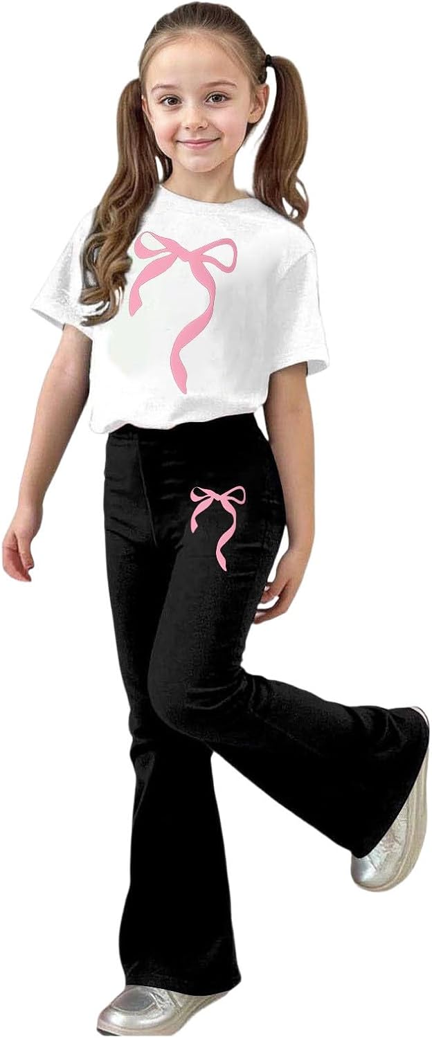 Girls Spring Outfits Short Sleeve Bow Printed T Shirt for Kids Flared Bottom Pant Tween Girl 2 Pieces Clothing Sets