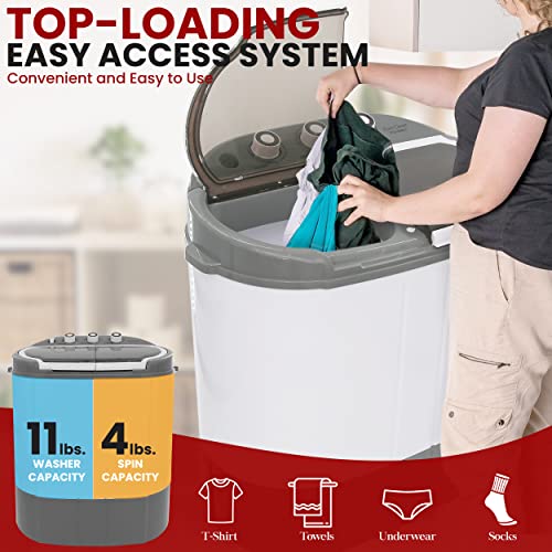 Pyle Compact Home Washer & Dryer, 2 in 1 Portable Mini Washing Machine, Twin Tubs, 11lbs. Capacity, 110V, Spin Cycle w/Hose, Translucent Tub Container Window, Ideal for Smaller Laundry Loads, Gray