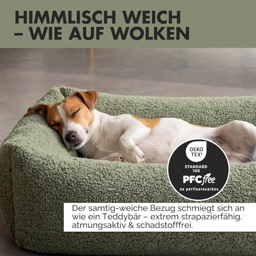 PAW WOW Sven Hundebett | Orthopädisches Hundebett | Teddy-Stoff | Hundekörbchen für kleine, mittelgroße und große Hunde (Olive, 85x65cm)