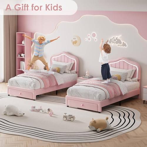 Image of GarveeLife Upholstered Platform Bed Frame with Storage Drawers, Smart RGB LED Crown Headboard, Wooden Slat Support, No Box Spring Needed, Noise-Free, Easy Assembly for Kids, Twin Pink