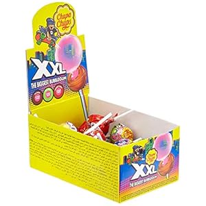 Chupa Chups XXL Kaugummi-Lutscher, 25 Lollis im Karton, Geschmack Erdbeere + Apfel + Cola