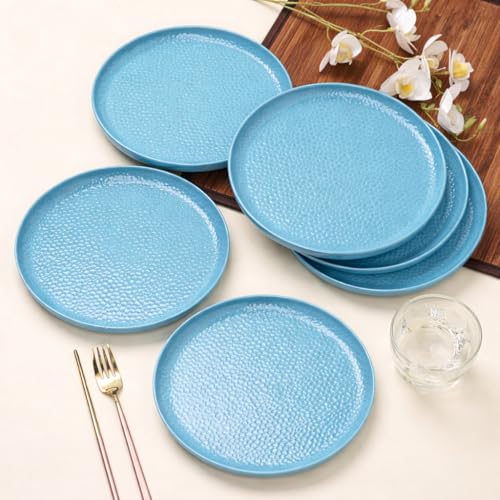Image of MARKET 99 Melamine Round Serving Set of 6 Full Dinner Plates with Hammered Design for Kitchen | Breakfast, Lunch, and Dinner | Turquoise
