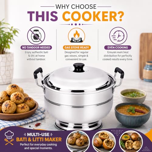 Image of Stainless Steel Bati Cooker & Gas Tandoor for Home Kitchen | Heavy Ghee Pot | Free SS Tong | Multi-Purpose Gas Oven with Heavy Duty Lid, Dual Riveted Handle (Regular)
