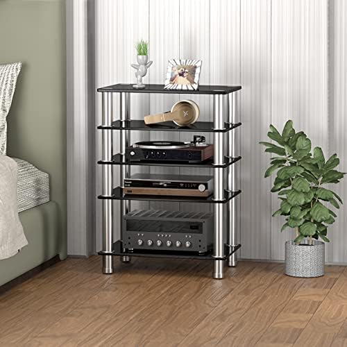 HiFi Racks and Stands Audio Rack Cabinet AV Shelf TV Table Stand 5 Tiers Tempered Glass Shelves for Turntable Record Player DVD Xbox Stand Audio Entertainment Unit Media Cabinet