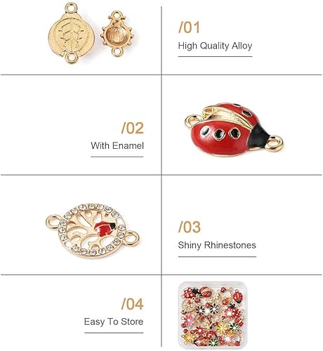 Miniatura 4 de KISSITTY 26 dijes de mariquita para hacer joyas, ganchillo, manualidades, decoración, esmalte de flores, mariquitas, cristales de diamantes de