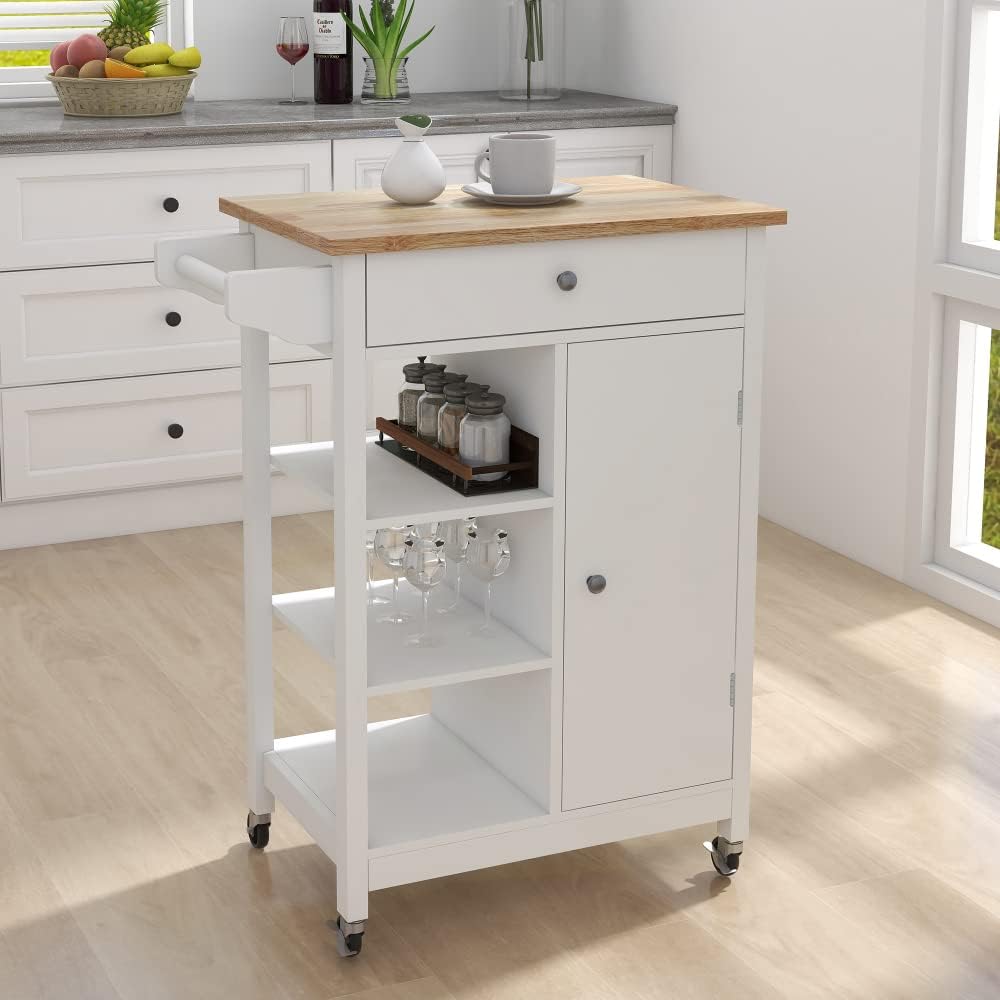 Rolling Kitchen Island Cart with Rubberwood Top, Adjustable Shelves, Towel & Seasoning Racks, Locking Casters and Pull-Out Drawer (White + MDF)