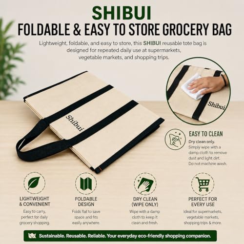 Image of SHIBUI Canvas Grocery Shopping Bag - Large Reusable Tote (17x8.5x14 inch) with Reinforced Handles & Bottom Insert - Heavy Duty, Foldable, Washable, Jhola Bag for Vegetables & Fruits.
