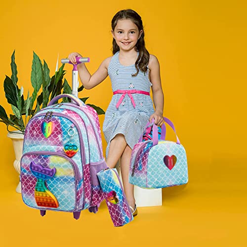 Egchescebo School Bags Kids Rolling Mermaid Backpack For Girls Luggage Suitcase With Wheels Trolley Wheeled Backpacks For Girls Travel Bags 17' 3Pcs Girls Toy Backpack With Lunch Box Blue #TOP5