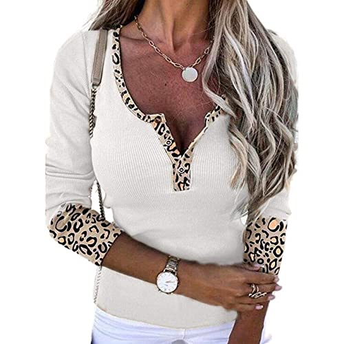Women's New Leopard Splice V Neck Knitwear Button Top Female Tops Shirt Blouse #TOP1