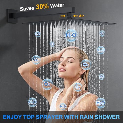 Image of Woindo Shower Faucet Set, 12 inch Wall Mount Rainfall Shower System with 2 Rain Shower Head and Multi-function Handheld Head Push Button Diverter Shower Faucet Trim Kit