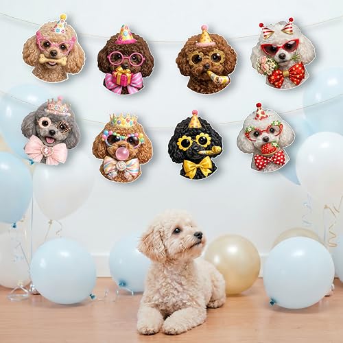 Image of Poodle Birthday Banner, Dog Party Decorations Garland Poodle Gifts | 8 Unique Poodle Faces, Pre-Strung , Ready to Hang