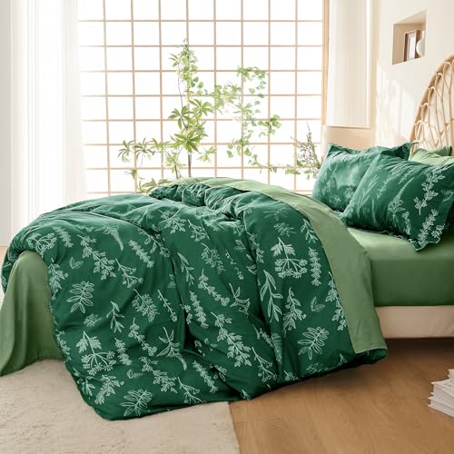Image of MUXHOMO Emerald Green Full Comforter Set, Elegant Floral Print Bed in a Bag 7 Pieces, Ultra Soft & Breathable Reversible Botanical Pattern Bedding Set with Comforter, Sheets, Pillowcases, and Shams