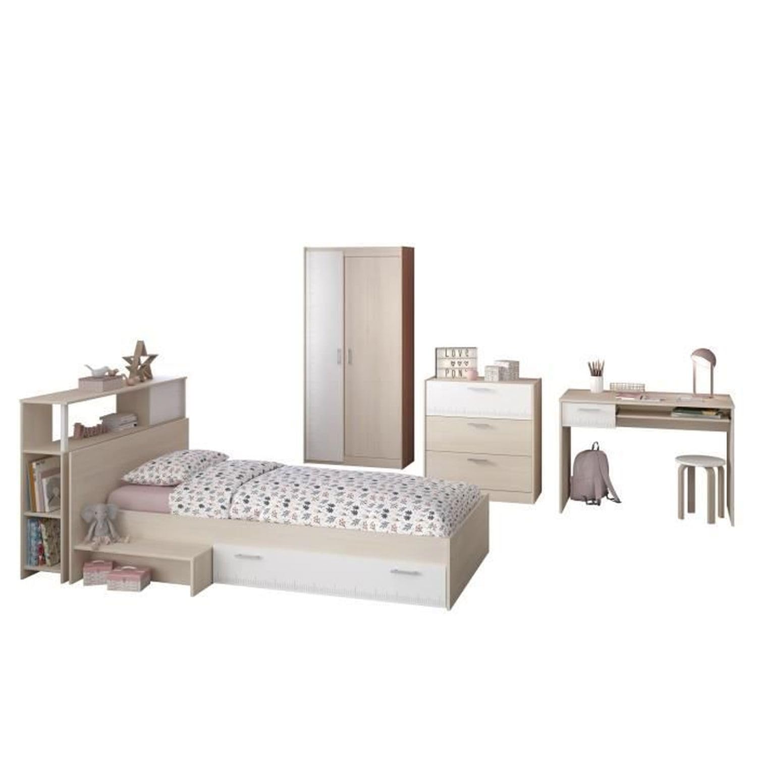 Générique CHARLEMAGNE Chambre Enfant Complete - Tete de lit + lit + Commode + Armoire + Bureau - Contemporain - Décor Acacia Clair et b…