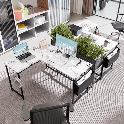 Image of Pamray 47 Inch Reversible L Shaped Gaming Desk Corner Computer Desk with Storage Bag Home Office Table for Writing Study Marble