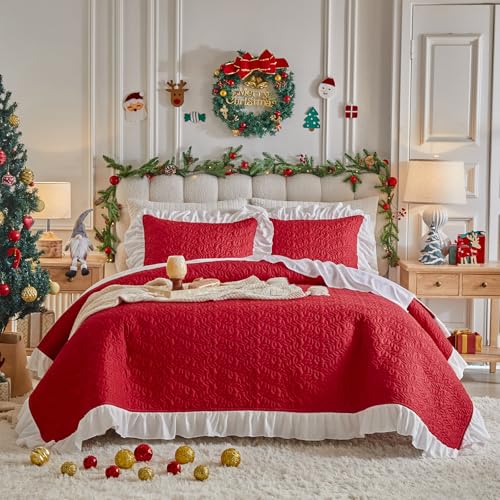 Weihnachts-Steppdecken-Set mit Rüschen, Queen-Size-Größe, 3-teilig,...