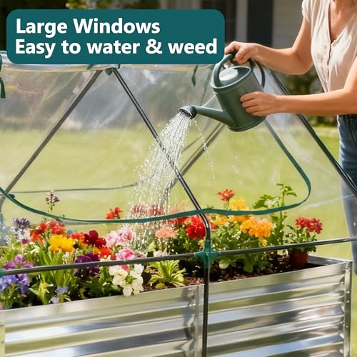 Image of NEWBULIG Galvanized Raised Garden Bed with Cover, 6x3x2ft Metal Planter Box Outdoor, Rectangular Raised Garden Planter Small Greenhouse for Vegetables Flowers Herbs, Open Bottom, Clear