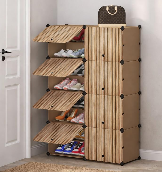 16 Shelf Shoe Rack with 8 Doors, Magnets, Hook Steel Holder & Wooden Hammer for Home Storage PP Plastic Organizer with Metal Door Frame to Cover Chappal Slipper Sandals Shoes Box Stand (Black)-image-41