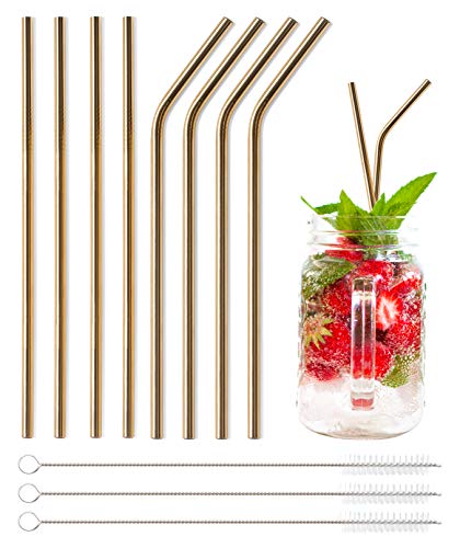 Pentaton - Juego de 11 Pajas de Acero Inoxidable Reutilizables y 3 cepillos de Limpieza, Pajitas de Metal aptas para lavavajillas, pajas de Acero Inoxidable ecológicos, Color: Oro