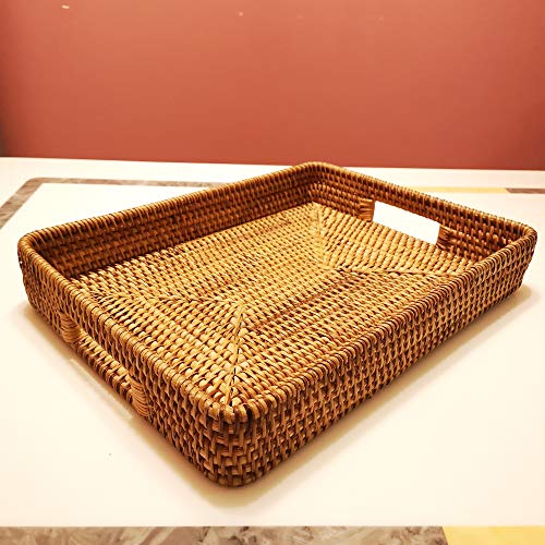 17 Inch Oversize Handmade Serving Tray, Rectangular Trays With Cutout Handles And 2.3”Wall, Decorative Rattan Storage Baskets Woven Organizer Plate Tray For Bread, Fruits，Catch All Dish, Xl, Brown #TOP4