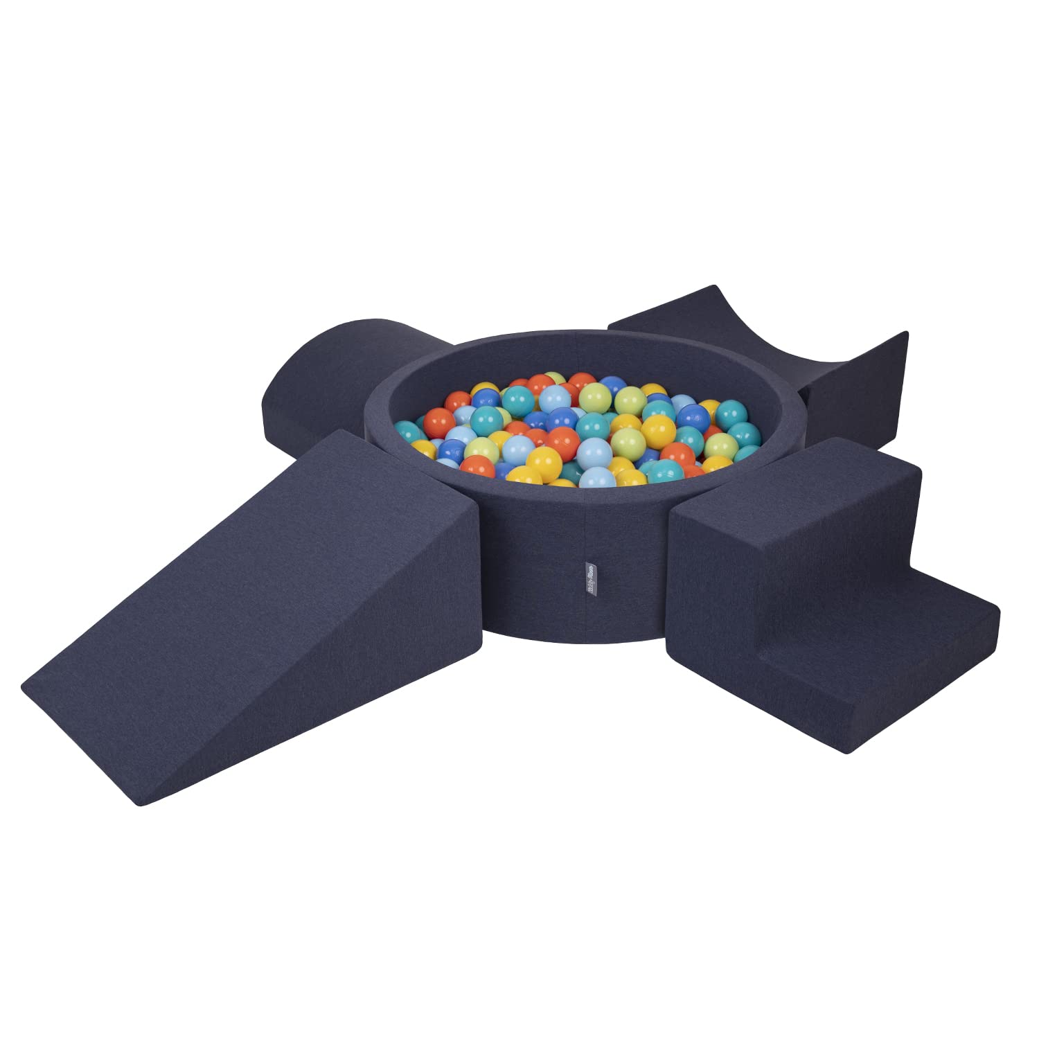 KiddyMoon Foam Playground For Kids With Round Ballpit (300 Balls ∅ 7Cm/2.75In) Soft Obstacles Course And Ball Pool, Made In The EU, Darkblue:Lgreen/Orange/Turquoise/Blue/Bblue/Yellow