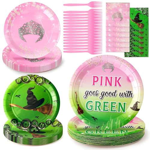 BOpusail 96Pcs Halloween Green Witch and Princess Pink Crowns Party Tableware Set Party Supplies for Kids Party Serves Guests Disposable Dinnerware Paper Dessert Dinner Plates Napkins Plastic Forks