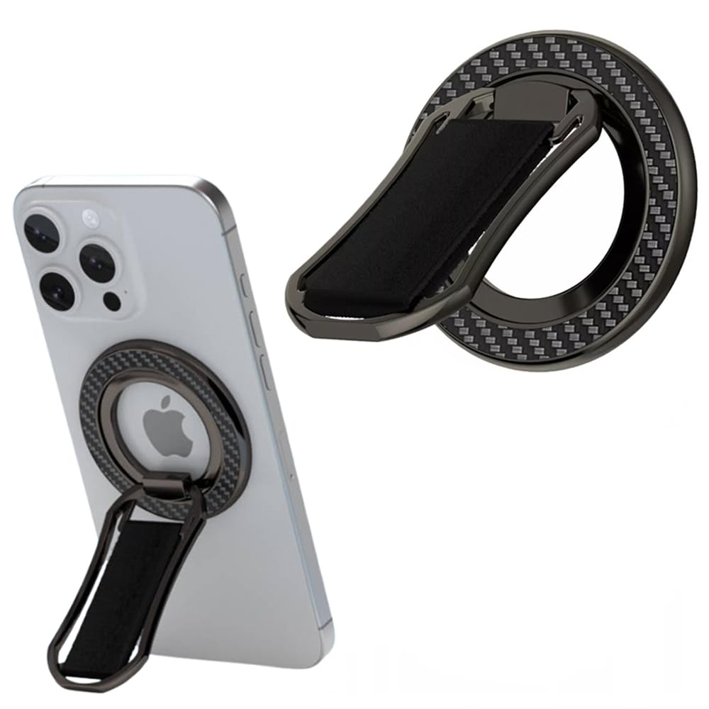 Magnetic Phone Grip with Finger Strap, Azonee Removable Ring Holder Kickstand for Magsafe Phones & Android (Black, Includes 1 Magnet Rings)