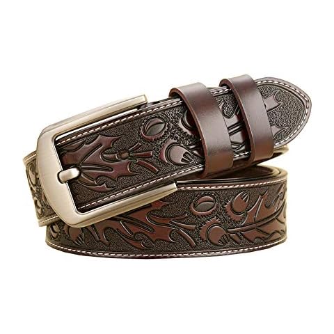 Western Leaves Scale Print Black Coffee Leather Men Jean Belt (Coffee, 110cm) Cover