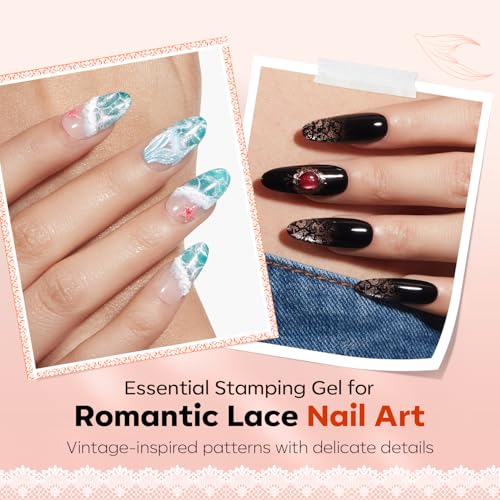 Image of Modelones 16PCS Lace Nail Stamping Kit, French Tip Stamper White Black Painting Gel Polish Chrome Powder Proof Matte Gel Top Coat Gingham Template Dual Nail Art Brush Spring Manicure Gift for Women
