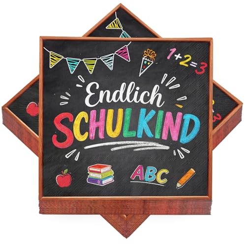 40 Stück Servietten Einschulung Endlich Schulkind Einschulung Deko Junge Mädchen 2026 Servietten Schulanfang Schwarz Einschulungsdeko 33 x 33 cm