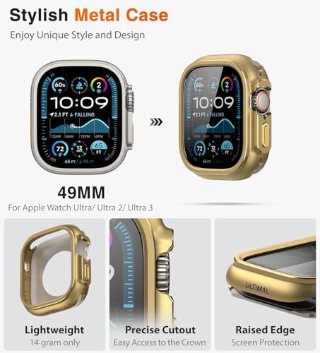 Image of ULTIMAL Metal Case Compatible with Apple Watch Ultra 3 /2 /1 49mm with Back Cover, Military Grade Shockproof Protective Case, Rugged Cover for iWatch 49mm (Gold)