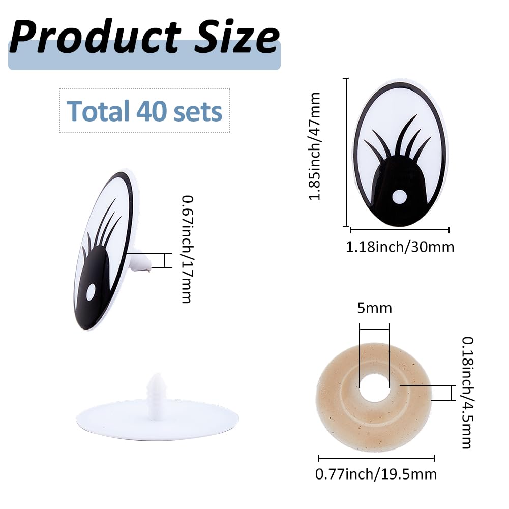 SUPERFINDINGS 40 Sets Große Spielzeugaugen Schwarze Cartoon-Augen mit Wimpern Kunststoff Niedliche Augen für Tiere Flache Augen mit Sicherheitsschnalle Bewegliche Augen mit Abstandshalter Set für DIY