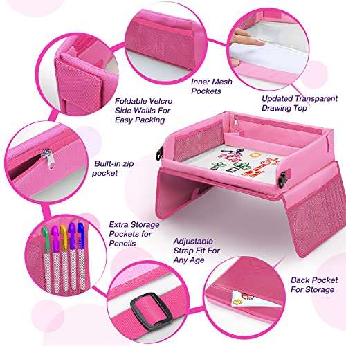Upgraded Kids Travel Tray with Dry Erase Top Car Seat Travel Tray With Educational Drawing Car Seat Activity Tray with 16 Organizer Pockets Snack Lap Tray Pink for Car Stroller Plane - Thumbnail 4