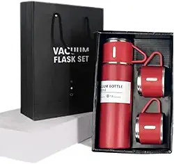 Kit Garrafa Termica Inox Isolada a Vacuo Parede Dupla Com Tampa Caneca e 2 Canecas 500ML Para Quente Gelado (Kit_Vermelho)