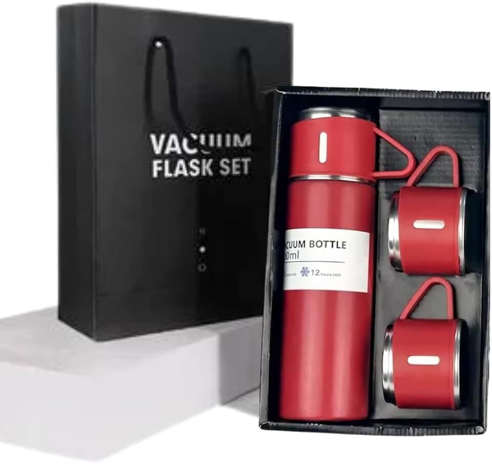 Kit Garrafa Termica Inox Isolada a Vacuo Parede Dupla Com Tampa Caneca e 2 Canecas 500ML Para Quente Gelado (Kit_Vermelho)
