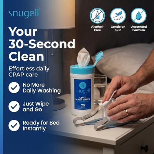 Image of Snugell Unscented CPAP Mask Wipes - 70 Count Canister - 100% Soft Cotton - Skin-Safe with Aloe Vera - Lint & Alcohol-Free - Ideal for On-the-Go Cleaning and Sanitizing CPAP Masks and Devices