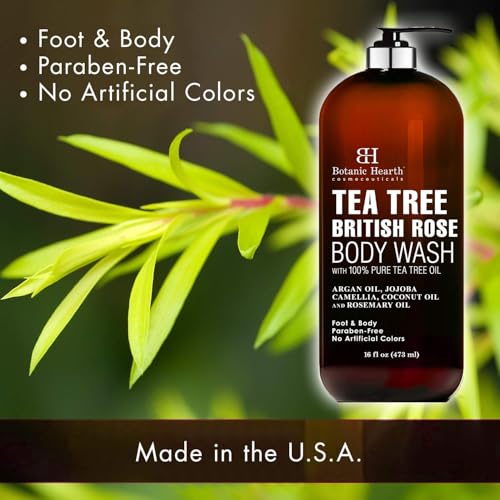Botanic Hearth Tea Tree Body Wash with British Rose Extract, Helps with Nails, Athletes Foot, Ringworms, Jock Itch & Acne, Soothes Itching & Promotes Healthy Skin and Feet, 16 fl oz