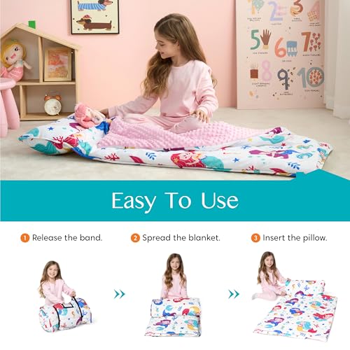 Image of JOIEDOMI Toddler Sleeping Bag for Kids 55''x30'' Nap Mat with Removable Pillow and Minky Blanket for Toddler Ages 3-7 Roll Up Soft Kids Sleeping Bag for Boys Girls Kindergarten Daycare Sleepover