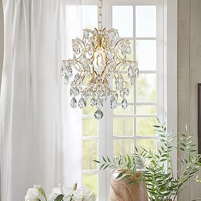 Bestier Gold Modern Pendant Chandelier Crystal Raindrop Lighting Ceiling Light Fixture Lamp for Dining Room Bathroom Bedroom Livingroom entryway 1 E26 Bulbs Required D13 in x H16 in