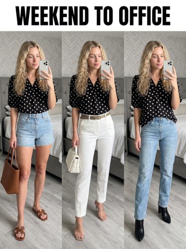 Image of Dokotoo Womens Blouses V Neck Puff Short Sleeve Business Casual Tops