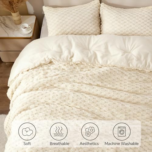 Image of BEDELITE Fluffy King Size Comforter Set - Beige Fleece Soft Comforter for King Size Bed, Luxury Warm Bedding Set for Winter, Fuzzy Bed Set 3 Pieces (1 Comforter, 2 Pillowcases)