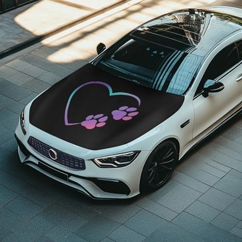 Image of 39x59 Inch Love Heart Dog Paw Print Cover for Car Hood, Car Hood Waterproof Protector All Seasons Universal Car Decorative Accessories Easy Install for Car Hood Protection